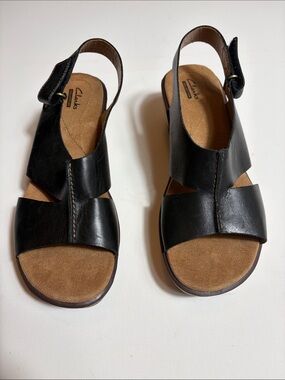 Clarks Collection Black Leather Cork Wedge Slingback Sandals Size 8.5